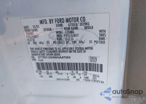 2006 Ford F-150 Stx/Xl/Xlt из США, поврежденный, VIN 1FTRX12W06NA47065